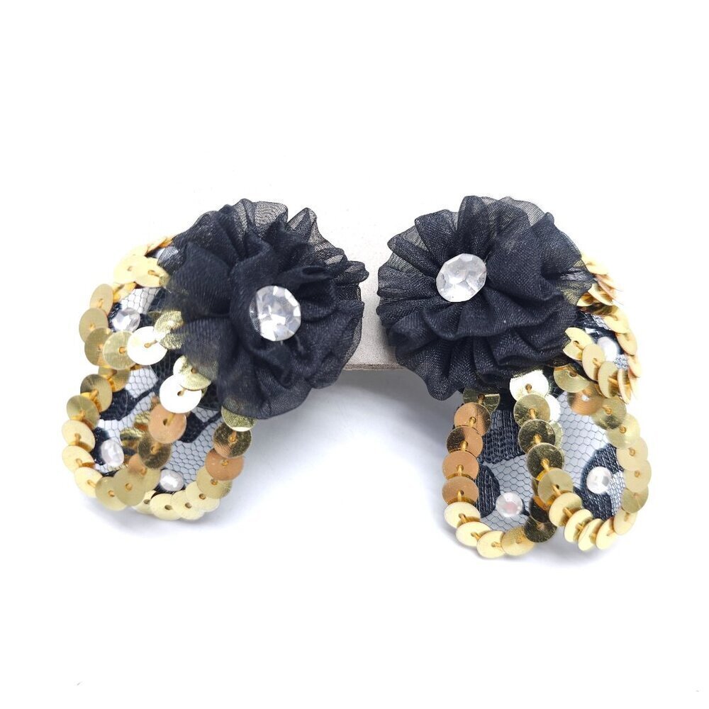 Vintage 1980s Black Mesh Gold Sequin Clip-On Earrings With Rhinestone Accents